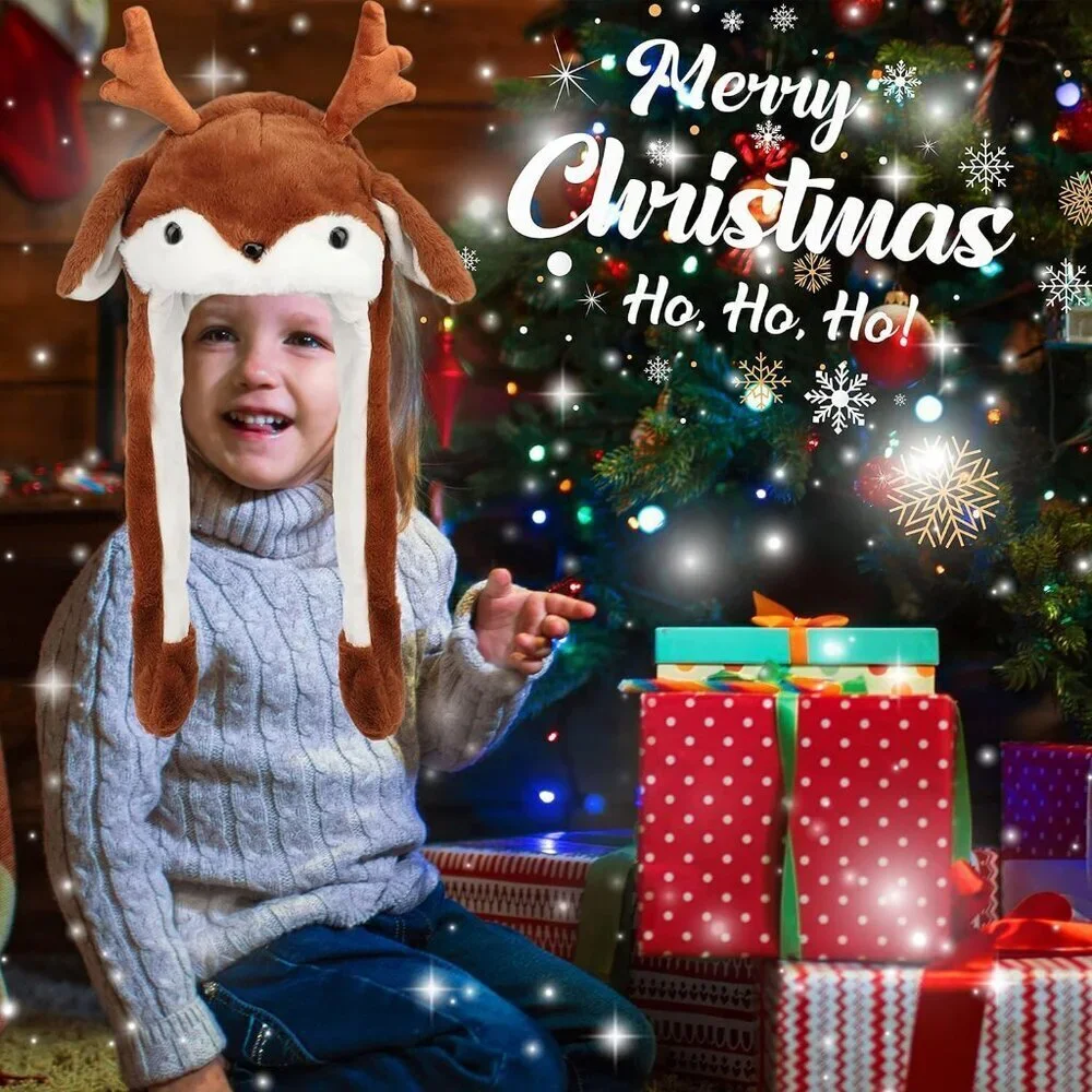 Kids Elk Animal Hat with Ears Moving Jumping Pop Up Beating Plush Holiday